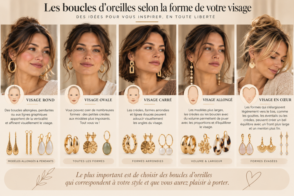 Formes de visage et boucles d’oreilles : visage rond, ovale, carré, allongé et en cœur