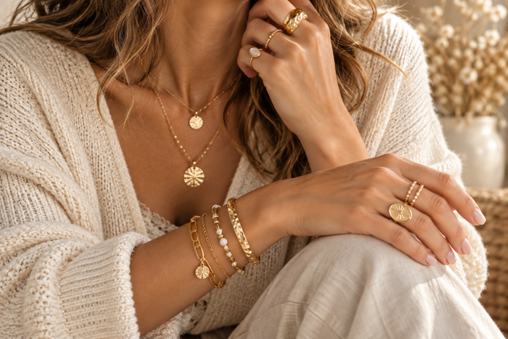 Accumulation de bracelets et bagues dorés pour accessoiriser une tenue
