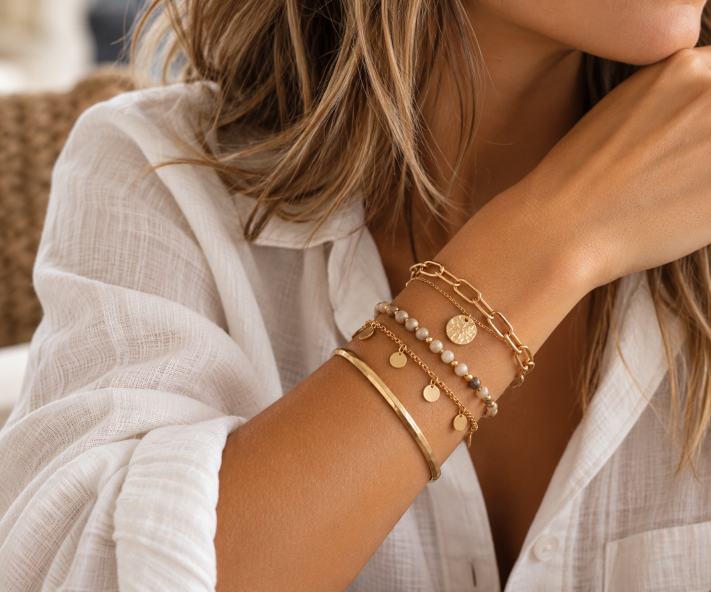 Accumulation de bracelets dorés et bracelet en pierres naturelles