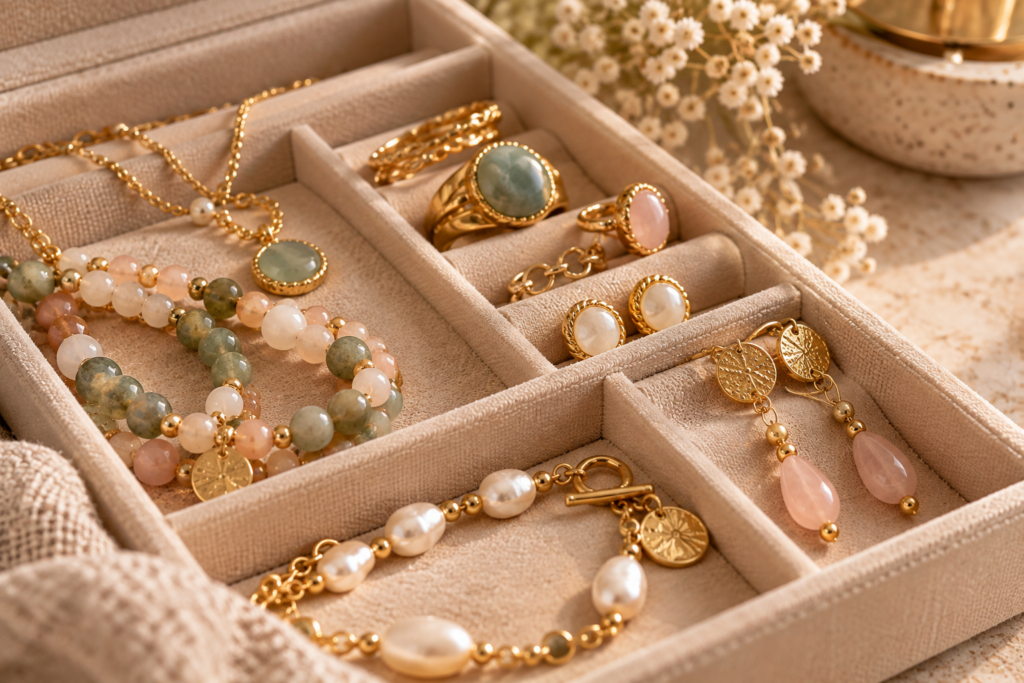 Bijoux en pierres naturelles rangés dans un écrin