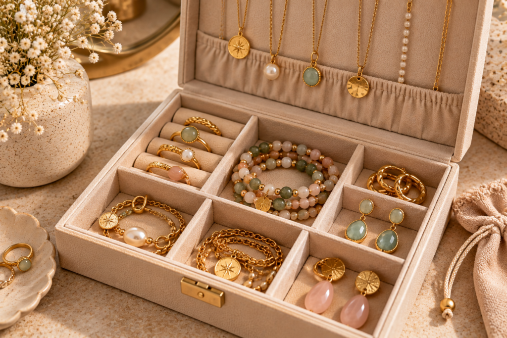 Bijoux rangés dans un écrin compartimenté
