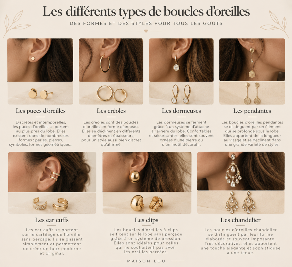 Différents types de boucles d’oreilles : puces, créoles, dormeuses, pendantes, ear cuffs et clips