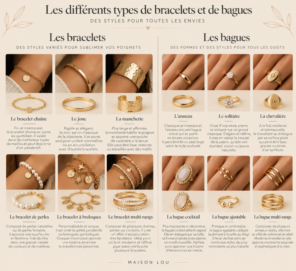 Différents types de bracelets et de bagues : jonc, manchette, anneau, solitaire et chevalière